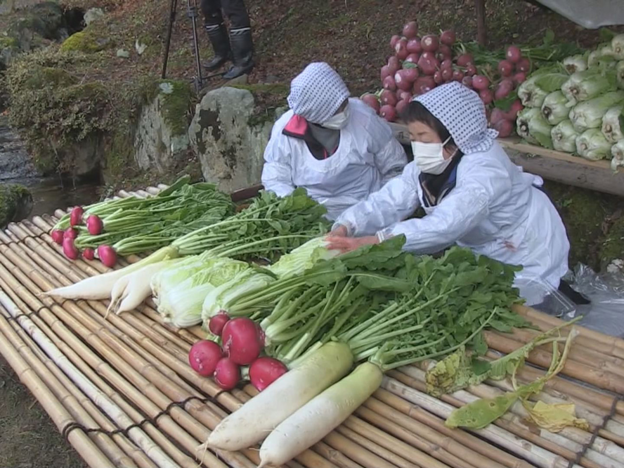 飛騨地方の長い冬に備える漬物づくり「菜洗い」の実演が、高山市の観光施設「飛騨の里...